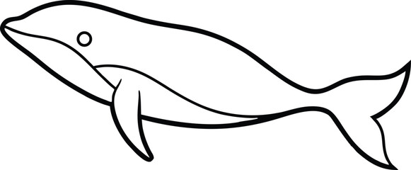 Simple black and white cartoon illustration of a swimming humpback whale isolated
