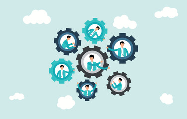 Different charachters inside gear setting icons with clouds around vector EPS illustration