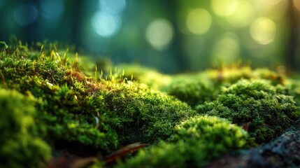 Dense patches of lush green moss blanket the ground in a serene forest. Sunlight filters through the trees, creating a calming ambiance while highlighting the vibrant colors of nature.