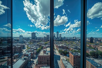 High-angle city view through glass panels.  Skyline, buildings, and clouds seen from an elevated position.  Reflective glass creates a double image of the scene