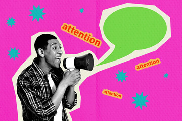 Trend artwork template design 3D collage sketch of young man hand hold megaphone talk speech dialog...