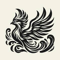 Obraz premium Black and white silhouette tattoo design of a phoenix bird, stylized in vintage woodcut or linocut technique. Clean lines, retro aesthetic, powerful mythical creature rising.