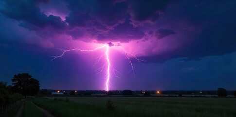 Breathtaking Summer Thunderstorm Powerful Lightning Bolt Illuminates Dark Sky and Landscape
