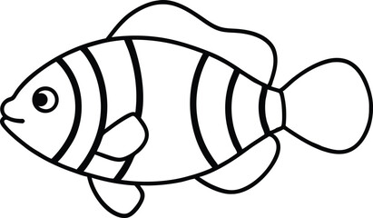 Simple black and white vector illustration of a clownfish swimming in the ocean