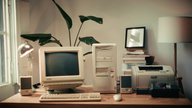 Retro pc computer gaming, Desktop vintage with loading code console, programmer making scripts, green basic screen, Old computer studio close-up, retro wave display, late 90s PC.