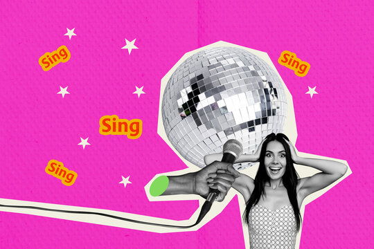 3D photo collage template trend composite of silhouette young lady smile hold microphone discoball night occasion party carefree weekend - Powered by Adobe
