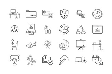 Remote Work Icon Set Home Office Virtual Meetings Cloud Collaboration Time Management Cybersecurity and Digital Workspace Symbols
