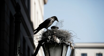 A majestic crow perched atop a street lamp's messy nest, scavenging for materials among wires and debris against a blurred urban backdrop, capturing urban wildlife and resourcefulness