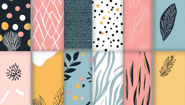 Collection of 12 vibrant, abstract patterns.  Various shapes, colors, and textures.  Includes polka dots, lines, leaves, and brushstrokes