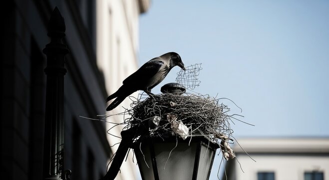 A majestic crow perched atop a street lamp's messy nest, scavenging for materials among wires and debris against a blurred urban backdrop, capturing urban wildlife and resourcefulness