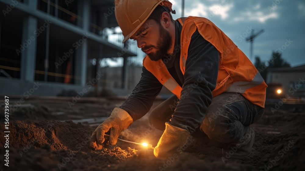 Poster construction worker using a tool to inspect the ground at a building site during twilight hours