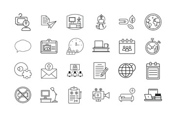 Fototapeta premium Remote Work Icon Set Virtual Office Online Meetings Time Management Digital Collaboration Home Workspace and Telecommuting Symbols