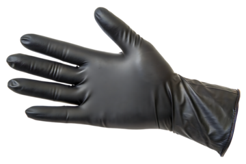 Black nitrile glove on hand for medical or industrial use on transparent background
