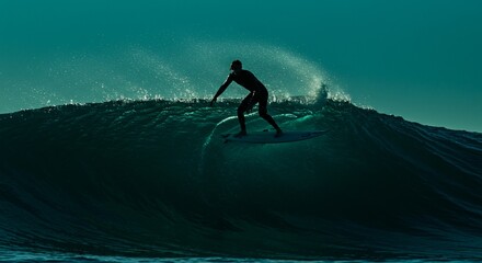 Surfer rides a powerful ocean wave with water spraying in an extreme sports shot during a sunset session at the coast.