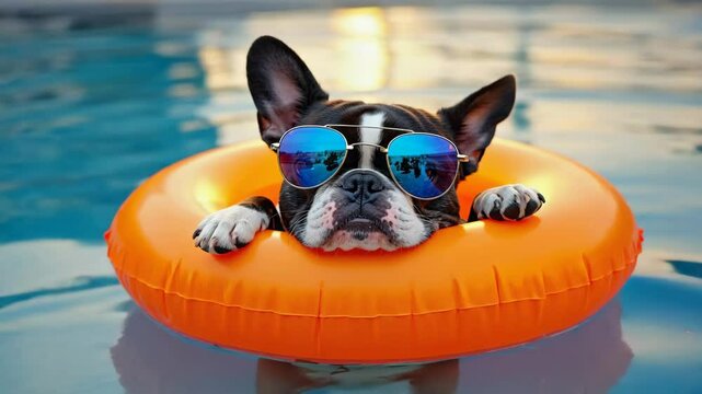 Sweet dog relaxing in pool with sunglasses and floaty