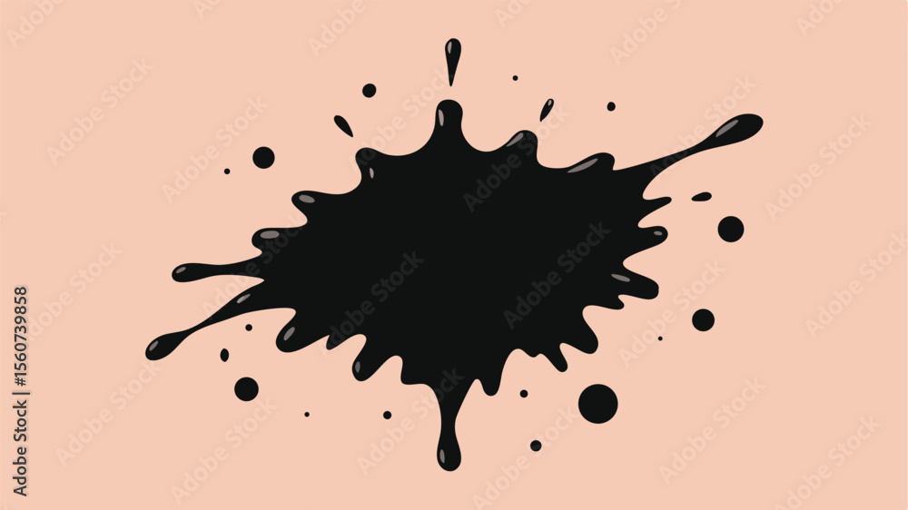Poster abstract black ink blob and splatters isolated against a light color background