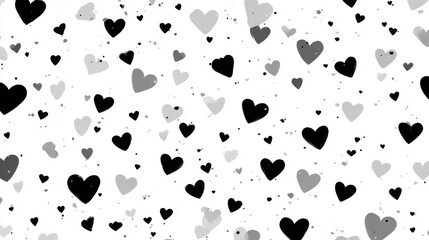 The composition features various black and gray hearts scattered across a white background, creating a playful and cheerful atmosphere, ideal for decor or themed events.