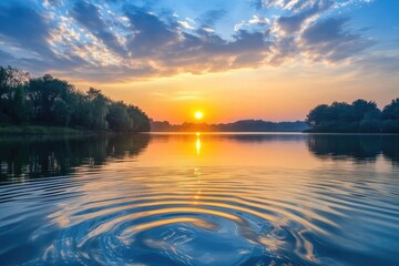 Serene sunrise over a tranquil lake.  Ripples on the water's surface reflect the golden sun. Lush green trees line the shore