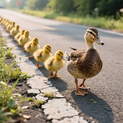 Fototapeta premium A cute family of ducks crossing the road in a straight line, mother duck walking in front and ducklings following the white stripes along the road on a sunny day .