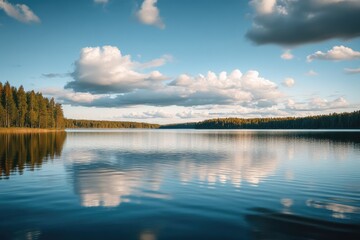 Fototapeta premium Tranquil lake reflecting a cloudy sky. Calm water mirrors fluffy clouds. Forest lines the shore. Golden light