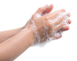 Fototapeta premium Hands washing with soap bubbles isolated on a transparent background.PNG