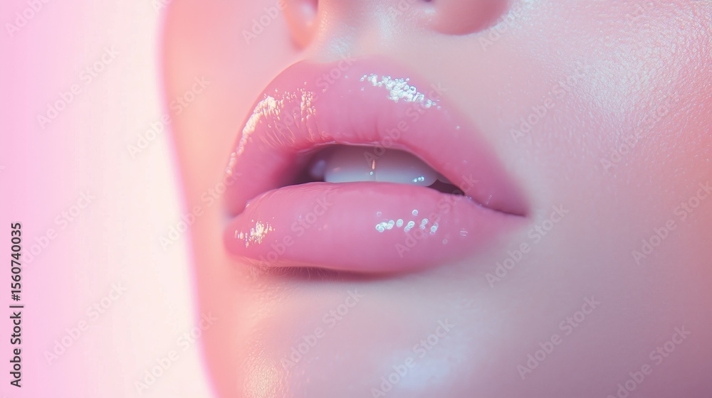 Poster soft pink glossy lips illuminated by gentle light create an ethereal and inviting aesthetic in a vib