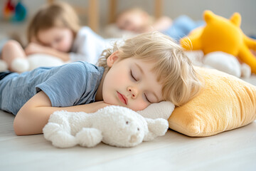 Kindergarten nap time, with children resting on small mats or cots with blankets and soft toys