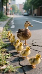 Fototapeta premium A delightful scene unfolds as a mother duck leads her adorable ducklings in a perfect line across a cracked city street, creating a heartwarming moment of urban wildlife .