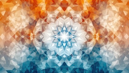 Abstract geometric mandala, colorful, triangular patterns, symmetrical design, centered floral motif, gradient hues, orange, tan, white, light blue, dark blue