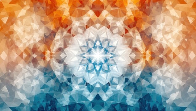Abstract geometric mandala,  colorful,  triangular patterns, symmetrical design,  centered floral motif,  gradient hues,  orange,  tan,  white,  light blue,  dark blue