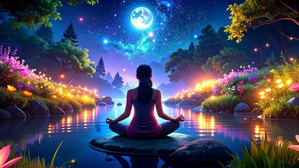 Woman Meditating By Night River In Colorful Forest