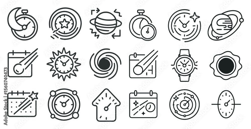 Poster collection of black and white icons that represent different time-related concepts. the icons includ