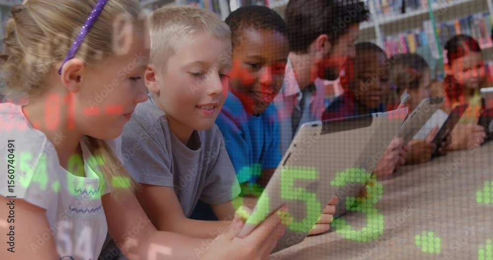 Poster educator and kids tapping tablets in library prompted by scrolling stock data overlays for learning