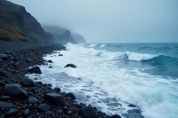Obraz premium Powerful Winter Storm Waves Crashing on Rocky Coastline Dramatic Grey Sky and Icy Seascape