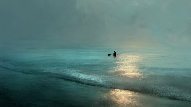 Lone Surfer Waiting in Misty Ocean