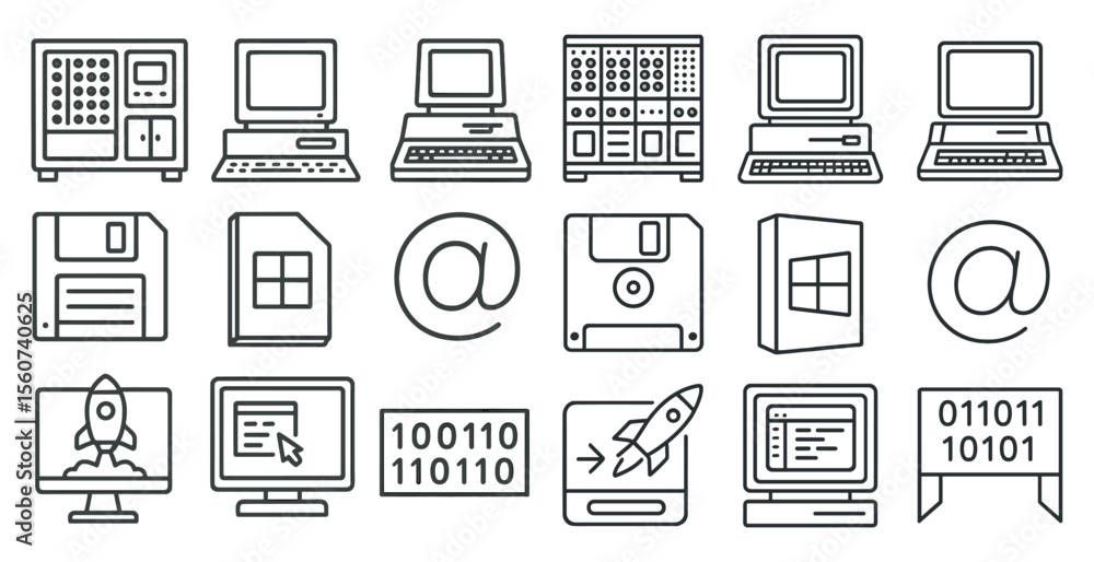 Fototapete set of computer icons in a line. the icons include a floppy disc, a floppy disc with a rocket on it,