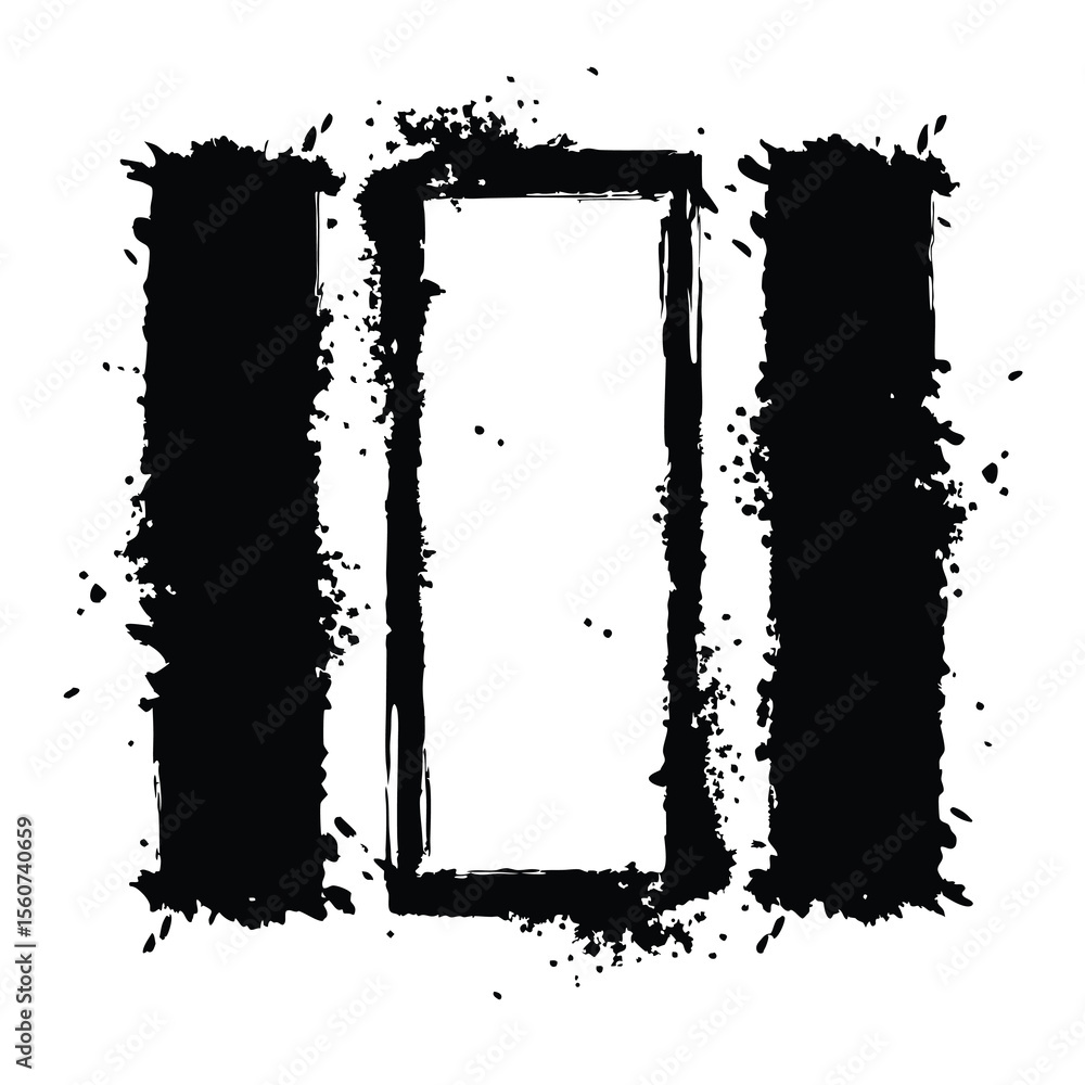 Poster abstract black ink blotched rectangle frame element with brush strokes on white