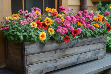 Colorful flowers fill a wooden box.