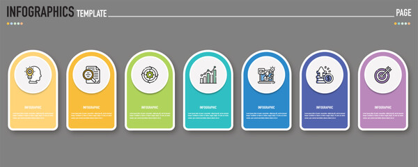 Rectangular infographic template or element with 7 step, process, option, colorful rectangle, icons, triangle, paper origami, button, tag, circle, circular, square bar for sale slide, internet planner