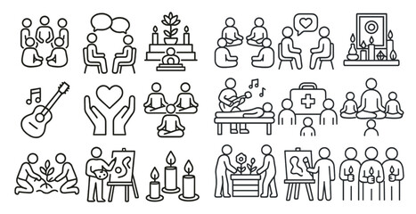 Series of black and white drawings of people in various positions, including sitting, standing, and holding hands. The drawings include a guitar, a painting, a candle, and a book