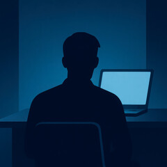Moody illustration of a lone male figure sitting at a desk with a glowing laptop, symbolizing isolation and manosphere themes.