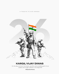 Illustration honoring the bravery and sacrifice of Indian soldiers on Kargil Vijay Diwas. Features armed troops and the Indian flag, perfect for patriotic posters, social media, and memorial art.