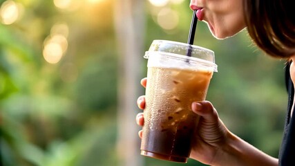 Iced coffee, a refreshing beverage in clear plastic cup with straw. Iced coffee mixes espresso, milk and ice, promising cool delight on summer day. Experience the perfect iced coffee moment,