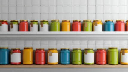Colorful jars on shelves in modern kitchen interior design