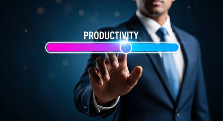 Businessman touching a productivity progress bar on a futuristic interface