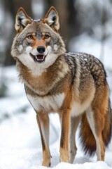 Fototapeta premium Lone Coyote in a Snowy Forest Landscape, Capturing the Tranquility of Winter s Embrace