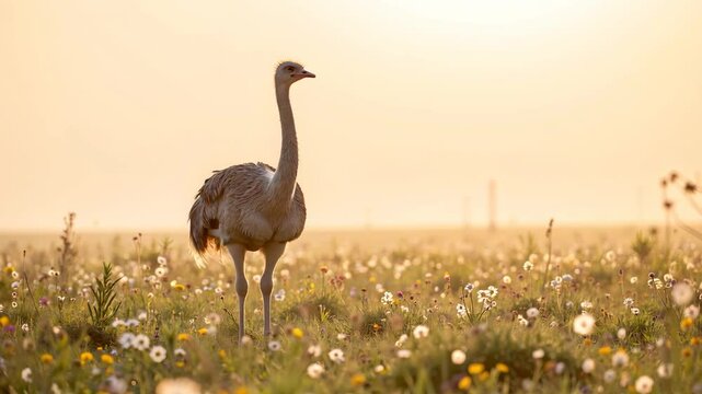 Ostrich standing in flower meadow at dawn. Ostrich grazes at sunrise in flowery field, capturing warm light and serene atmosphere.