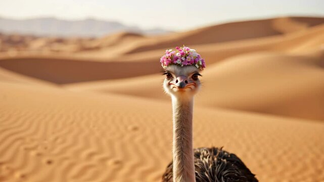 Ostrich with flower crown stands tall in desert sand dunes, looking toward camera. This ostrich with flower crown on its head presents surreal image against arid landscape. Concept of unusual,