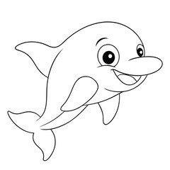 Cartoon Dolphin Outline Vector Illustration Of Marine Animal For Coloring Book on a white background.