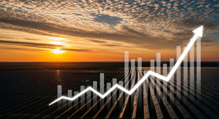 Solar energy growth chart at sunset over solar farm